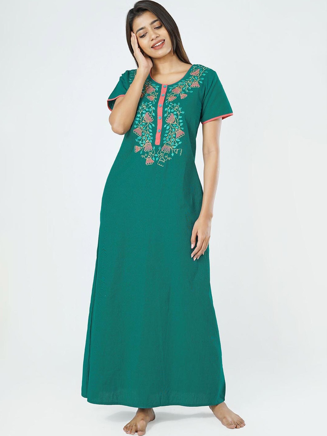 

Maybell Green Embroidered Pure Cotton Maxi Nightdress