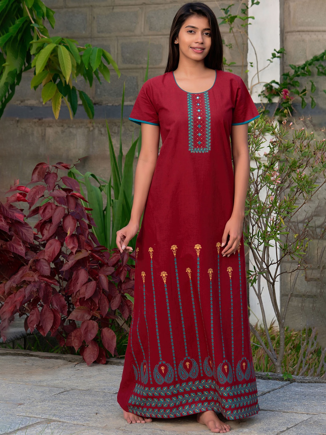 

Maybell Maroon Embroidered Pure Cotton Maxi Nightdress