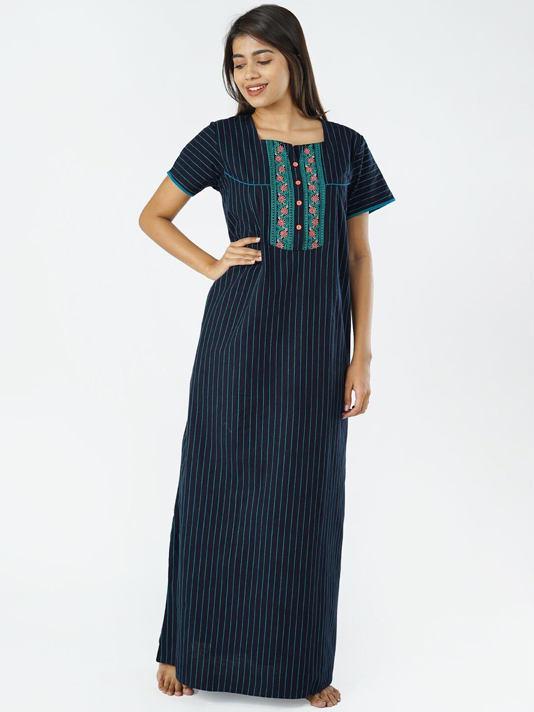 

Maybell Blue & Pink Striped Cotton Maxi Nightdress