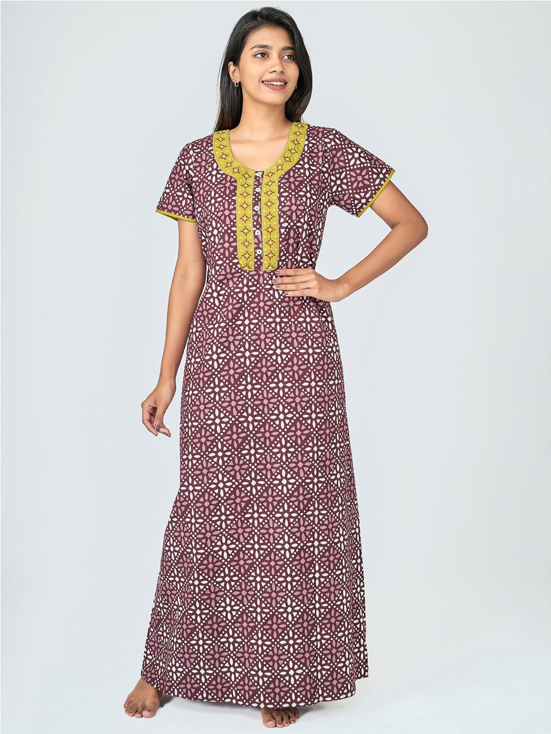 

Maybell Women Maroon Printed Cotton Maxi Nightdress