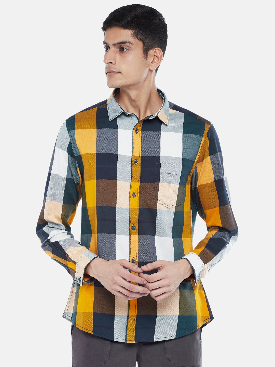 

Urban Ranger by pantaloons Men Yellow & White Checked Casual Shirt