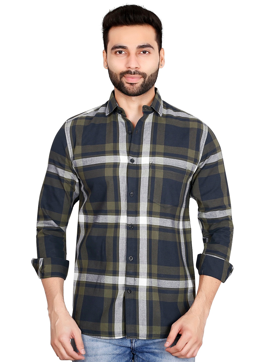 

5TH ANFOLD Men White & Olive Green Slim Fit Checked Casual Shirt
