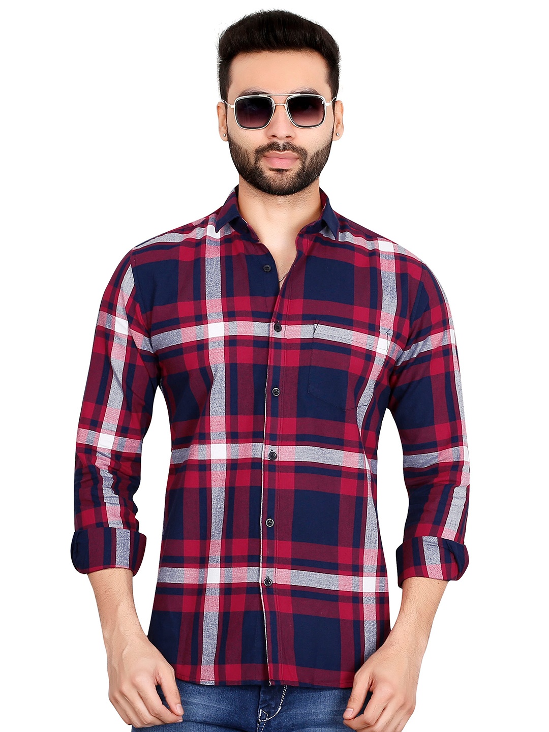 

5TH ANFOLD Men Red & Navy Blue Slim Fit Checked Casual Shirt