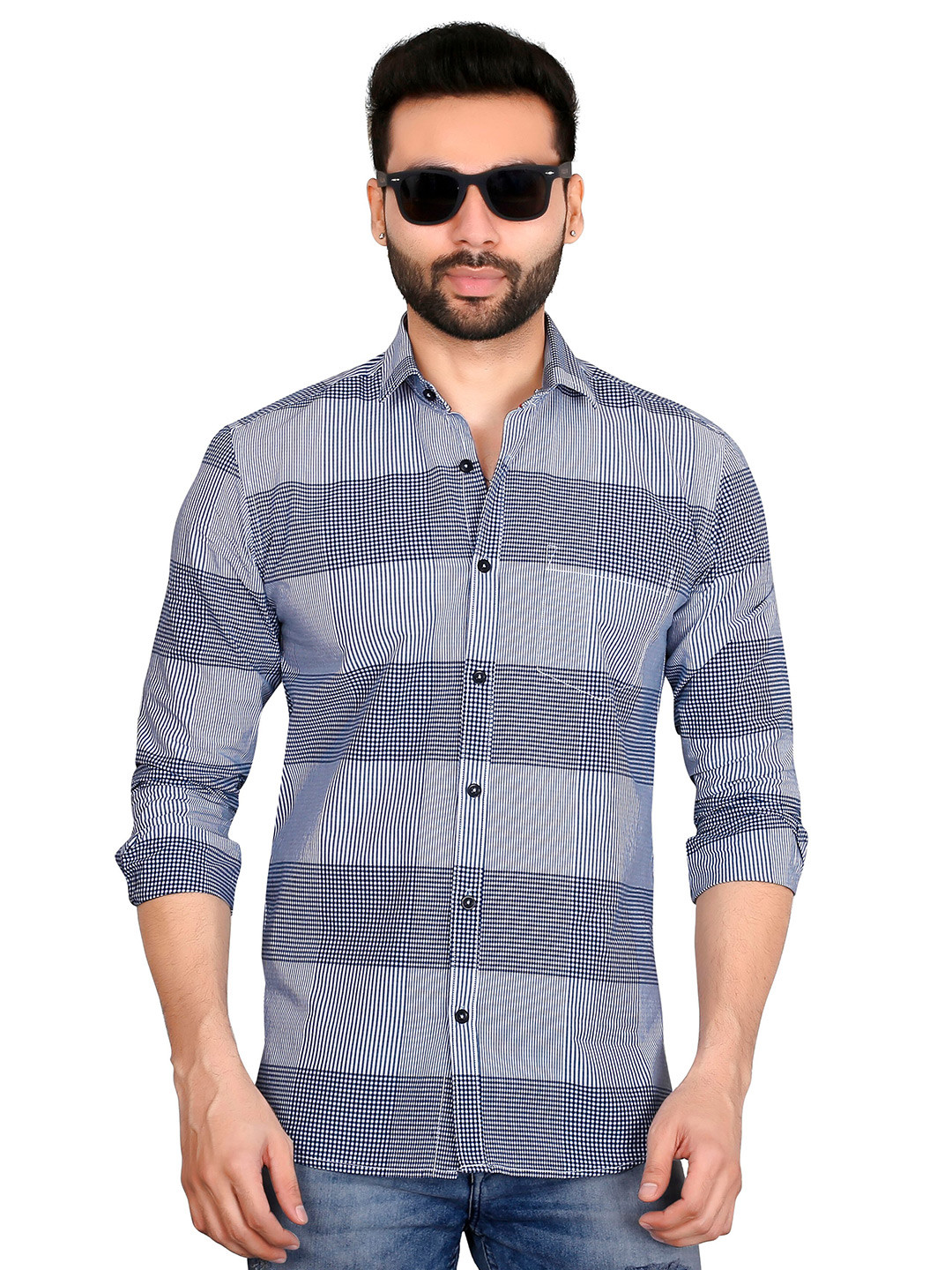 

5TH ANFOLD Men Blue & White Slim Fit Checked Casual Shirt