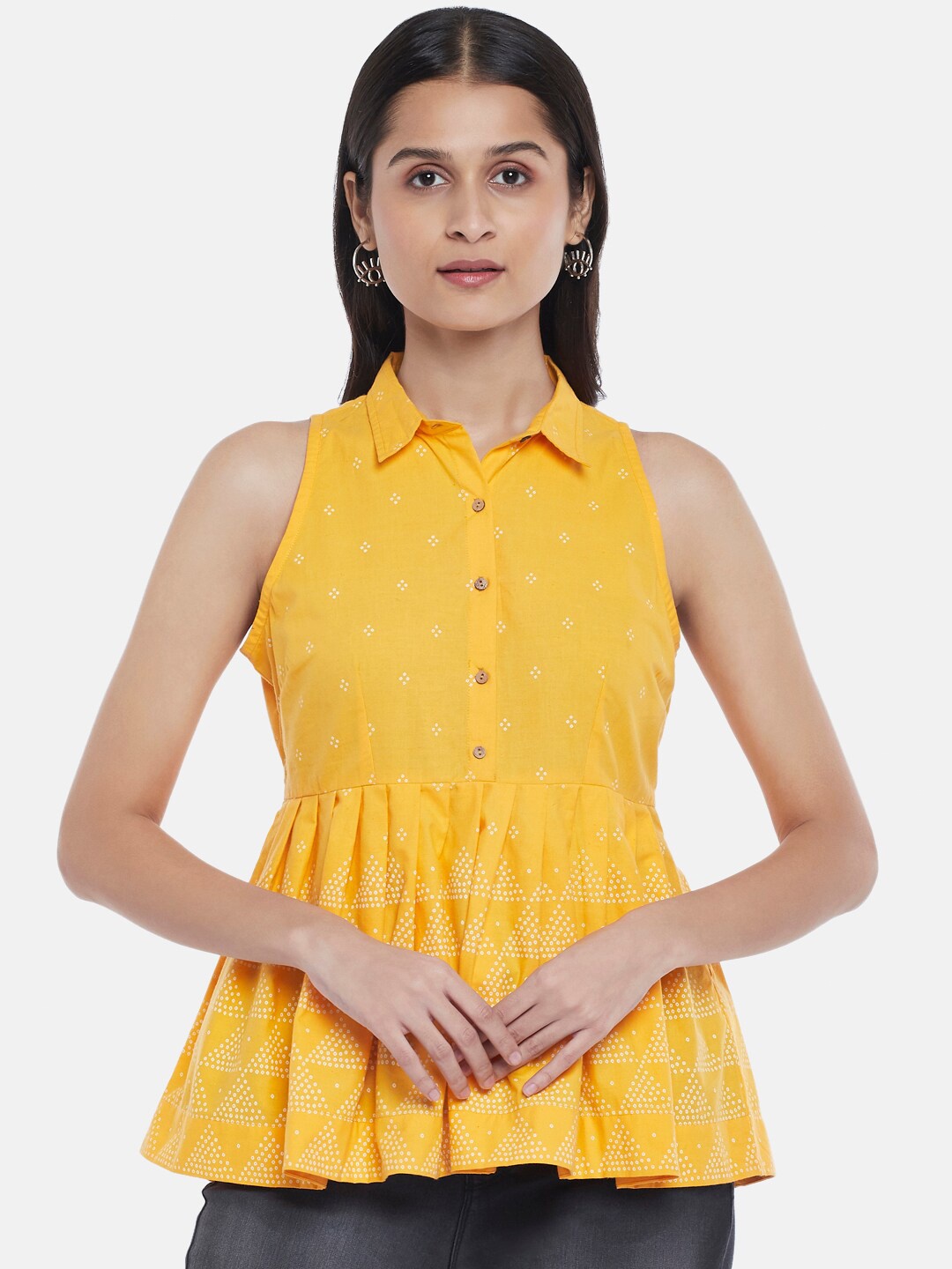 

People Mustard Yellow Printed Shirt Style Top