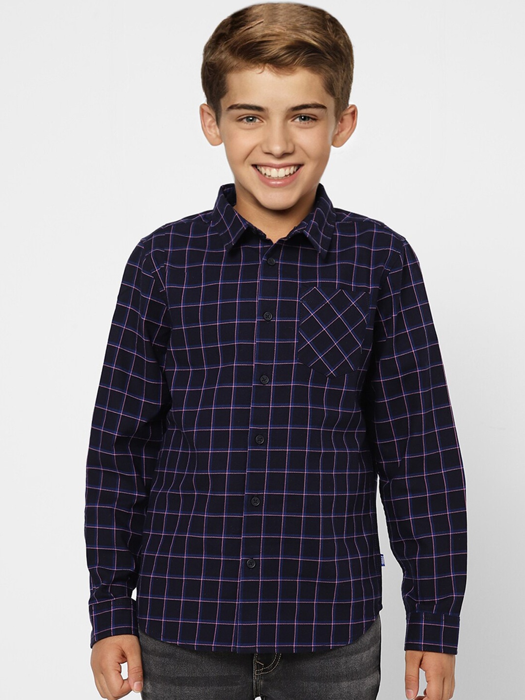 

Jack & Jones Boys Navy Blue Windowpane Checks Checked Casual Shirt