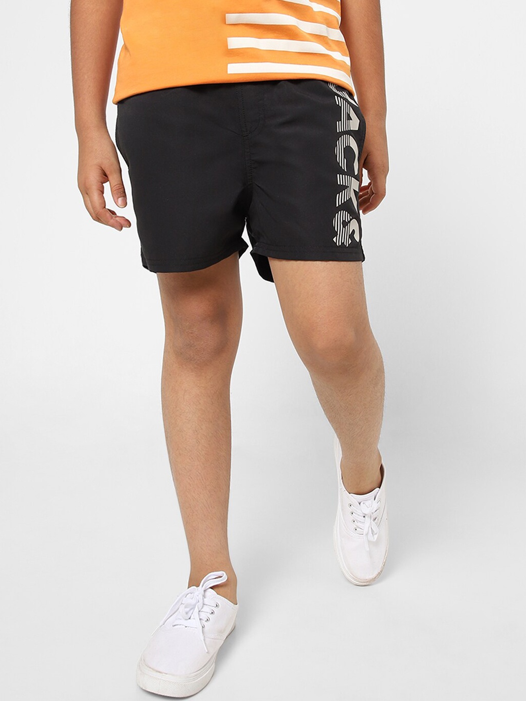 

Jack & Jones Boys Black Typography Printed Slim Fit Low-Rise Shorts