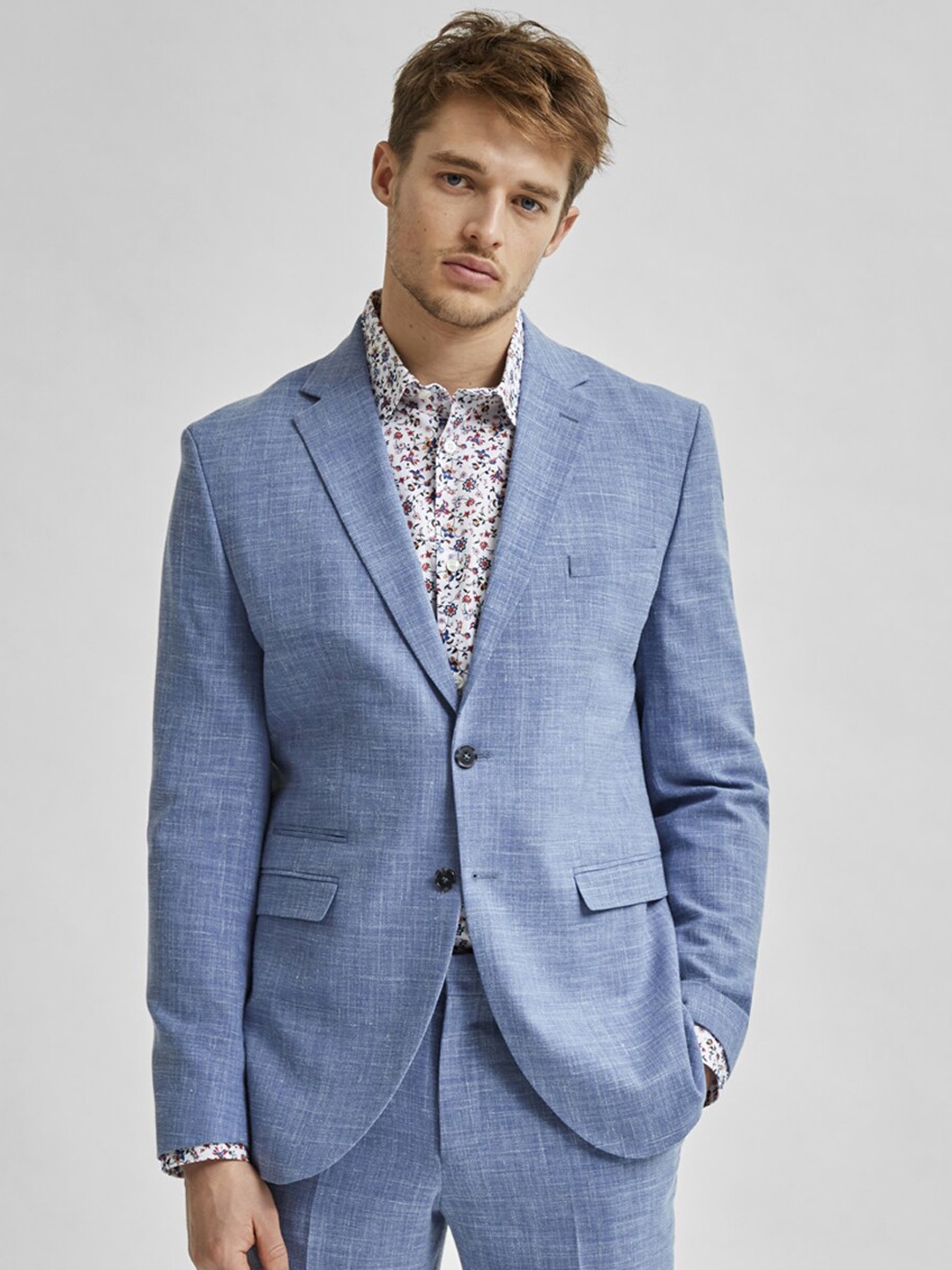 

SELECTED Men Blue Self Design Slim Fit Single Breasted Blazer