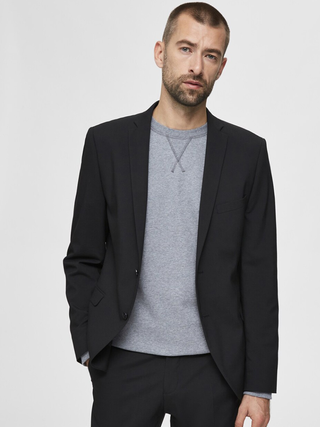 

SELECTED Men Black Solid Single-Breasted Slim Fit Formal Blazer