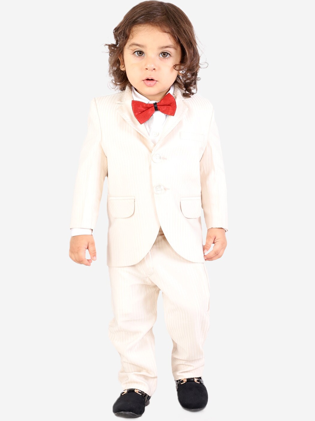 

KID1 Infant Boys White Striped Regular-Fit 4 Piece Single-Breasted Party Suit Set, Off white