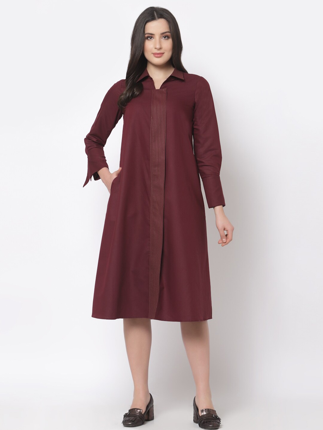 

OFFICE & YOU Women Maroon Shirt Midi Dress