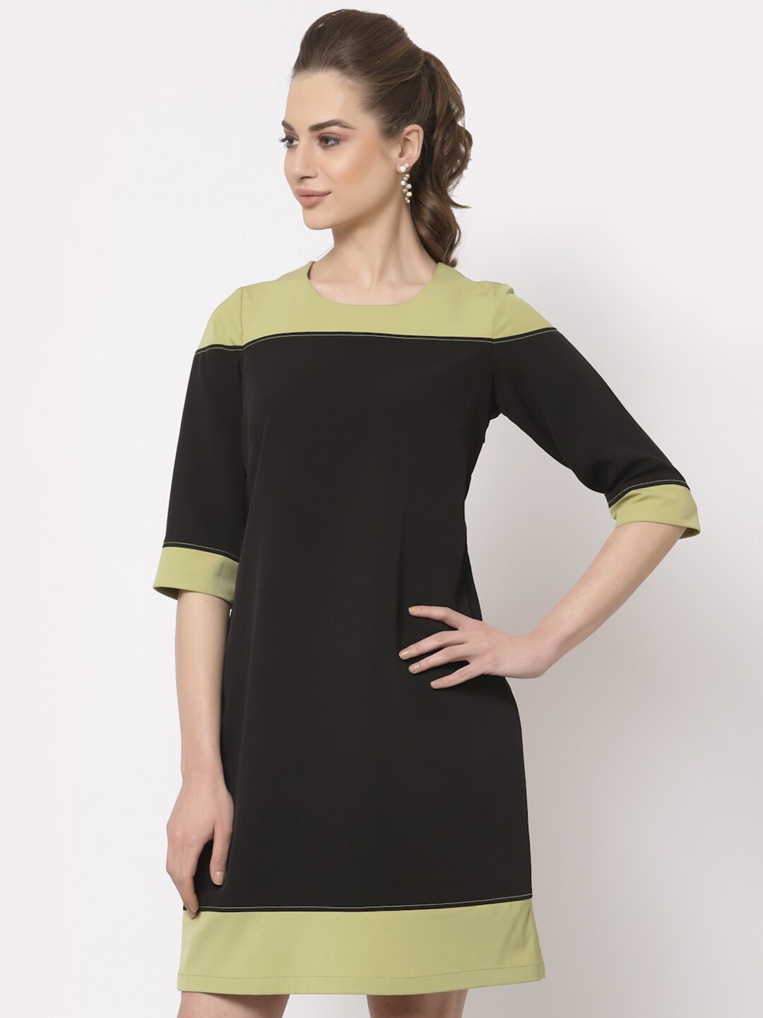 

OFFICE & YOU Black & Olive Green Colourblocked A-Line Dress