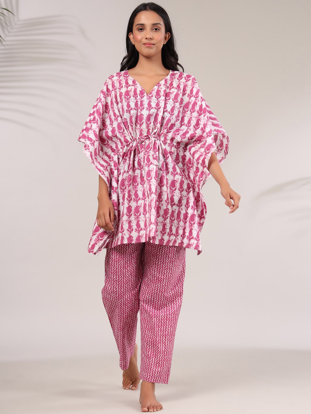 

JISORA Women Mauve Printed Kaftan Style Cotton Night suit