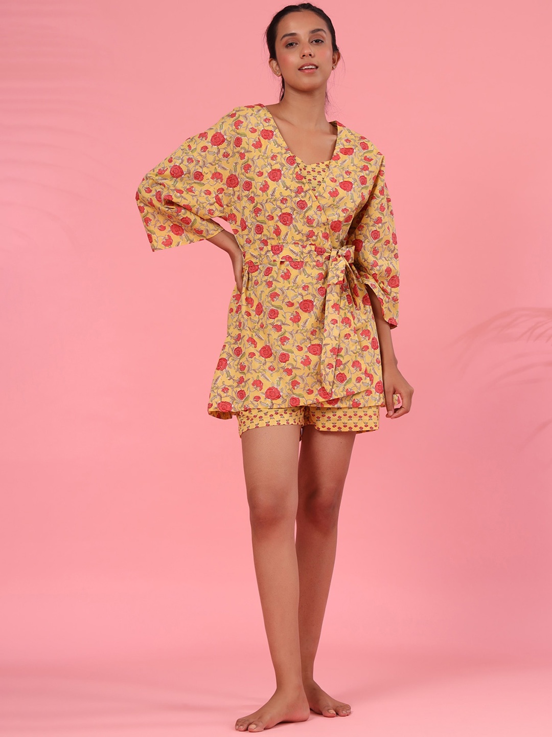 

JISORA Women Yellow & Red Printed Night Suit With Shrug
