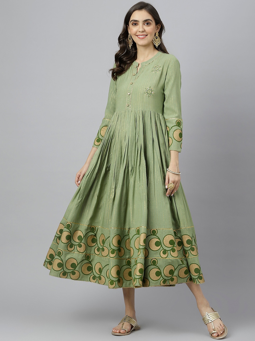 

KALINI Women Olive Green Floral Striped Anarkali Kurta