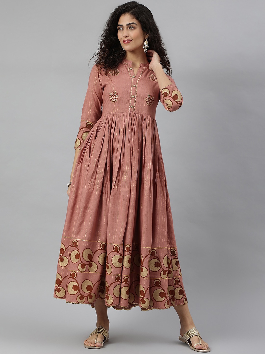 

KALINI Women Tan Ethnic Motifs Striped Thread Work Anarkali Kurta