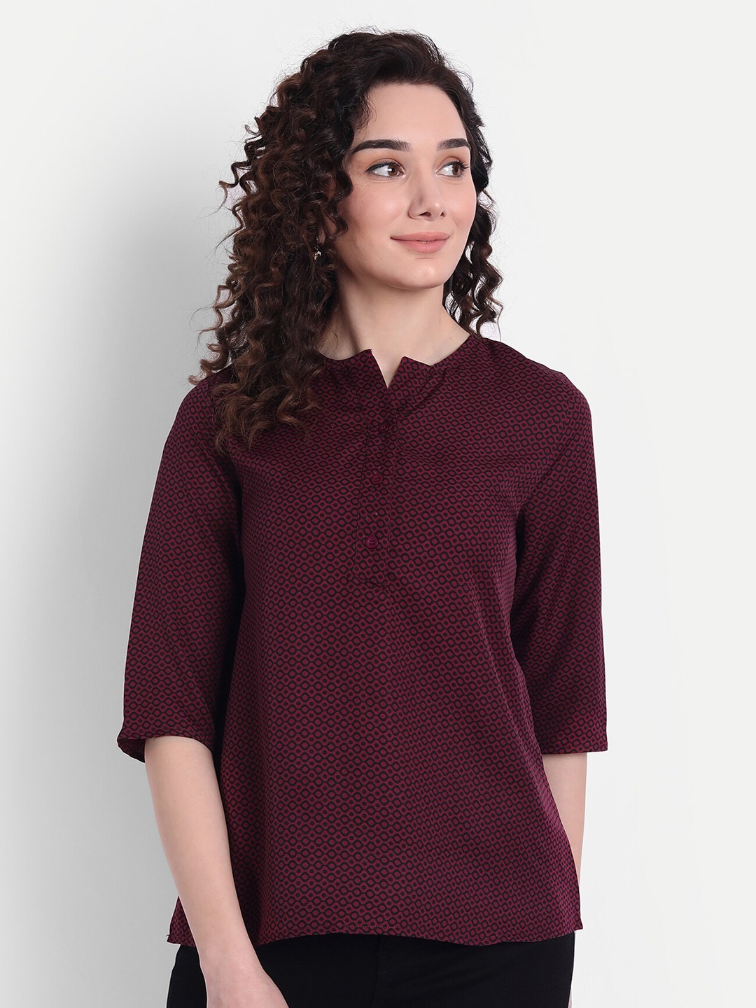 

CHARMGAL Women Maroon Mandarin Collar Crepe Top