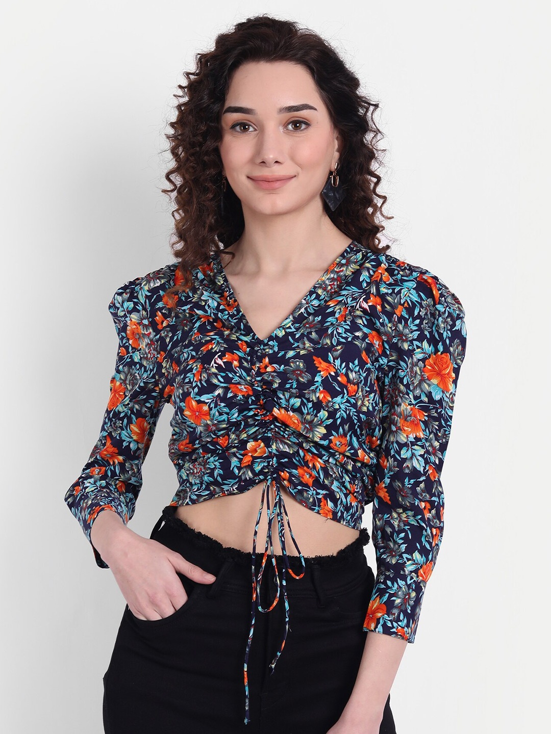 

CHARMGAL Blue Floral Print Crepe Crop Top