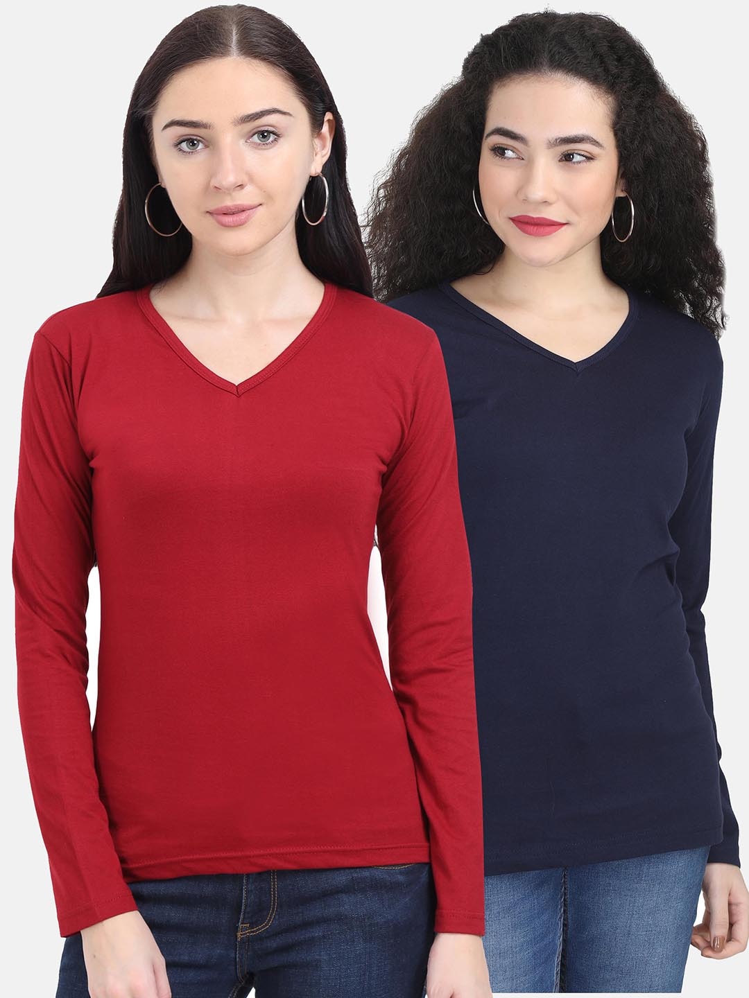 

Fleximaa Women Maroon & Navy Blue Pack of 2 V-Neck T-shirt