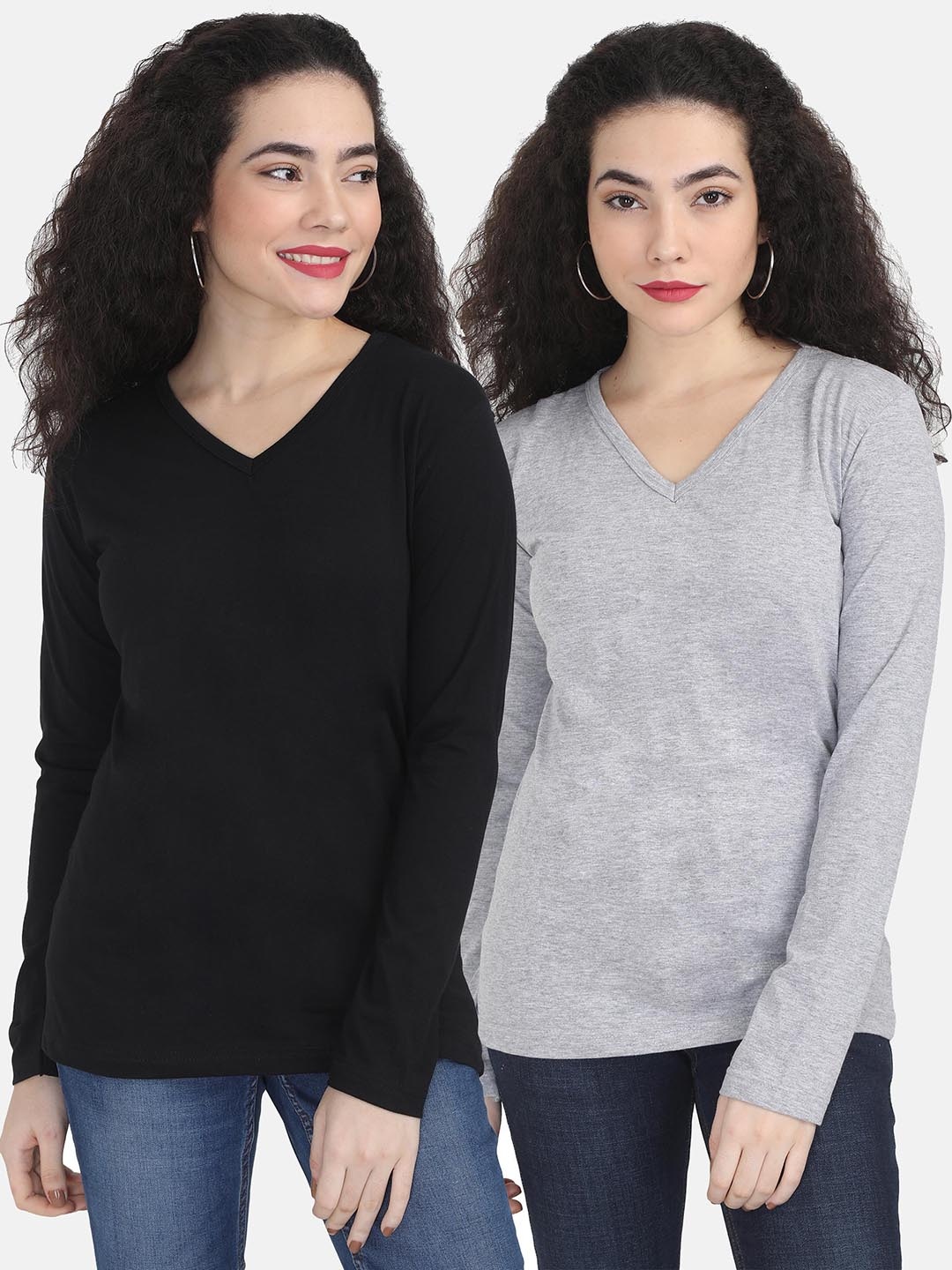 

Fleximaa Women Black & Grey Pack of 2 V-Neck T-shirt