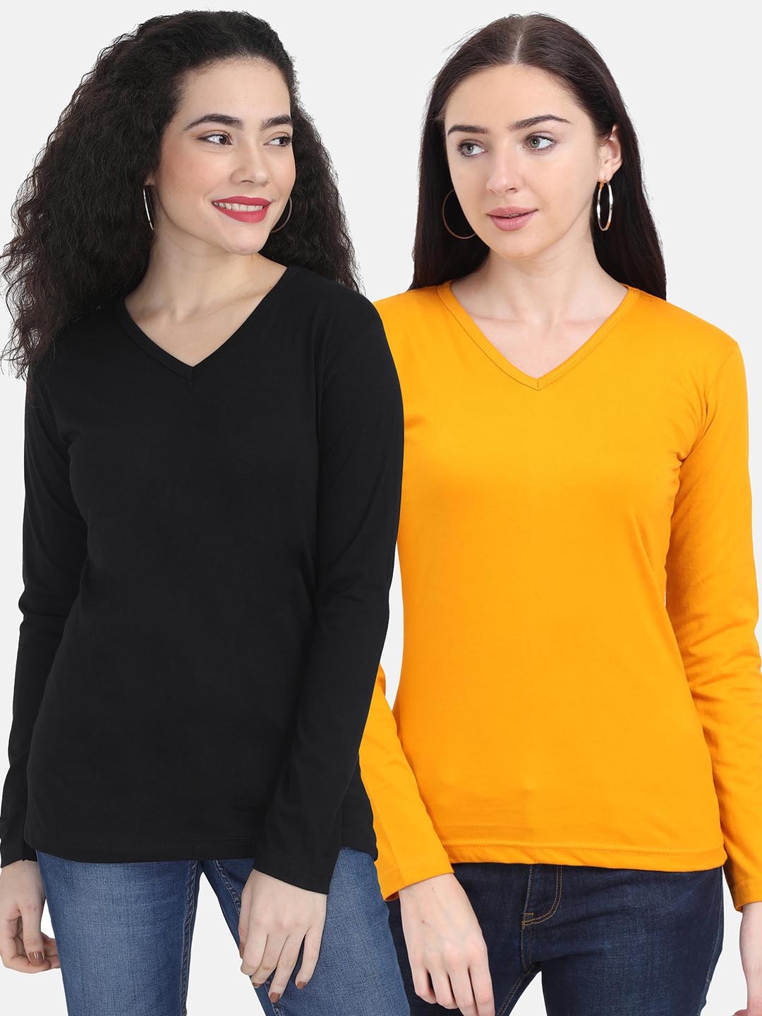 

Fleximaa Women Black & Yellow Set Of 2 V-Neck Cotton T-shirt