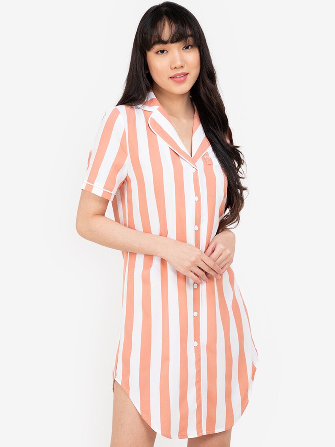 

ZALORA BASICS Peach-Coloured & White Striped Shirt Dress