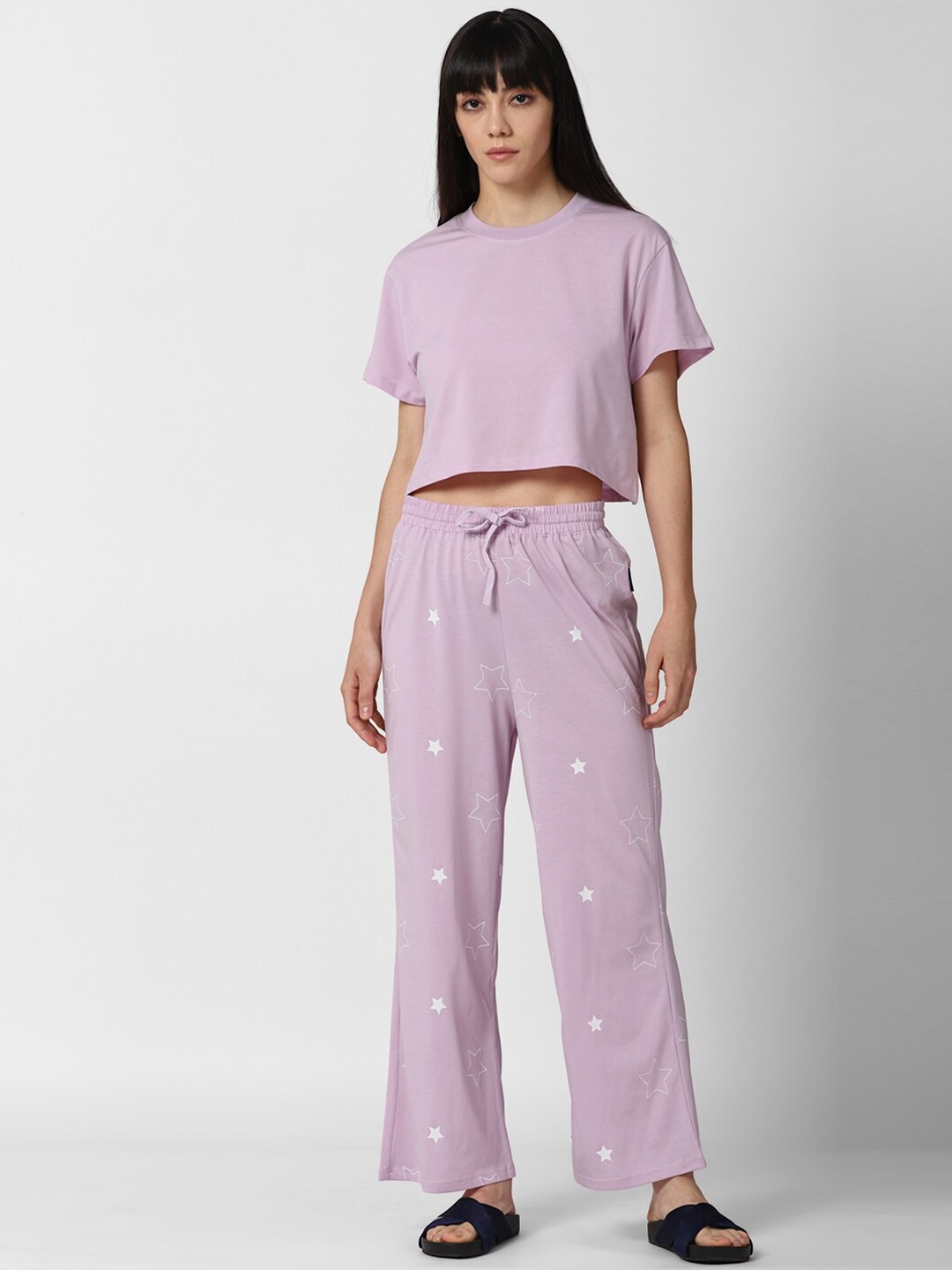 

FOREVER 21 Women Purple & White Printed Night suit