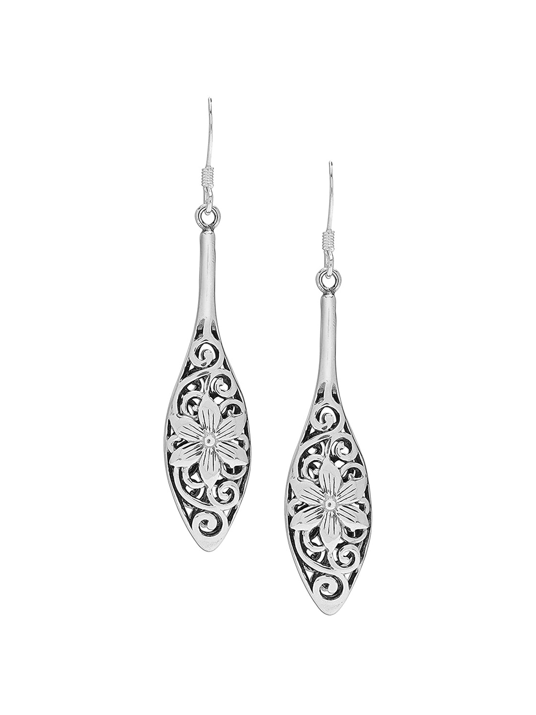 

LeCalla Silver-Toned Teardrop Shaped Filigree Drop Earrings