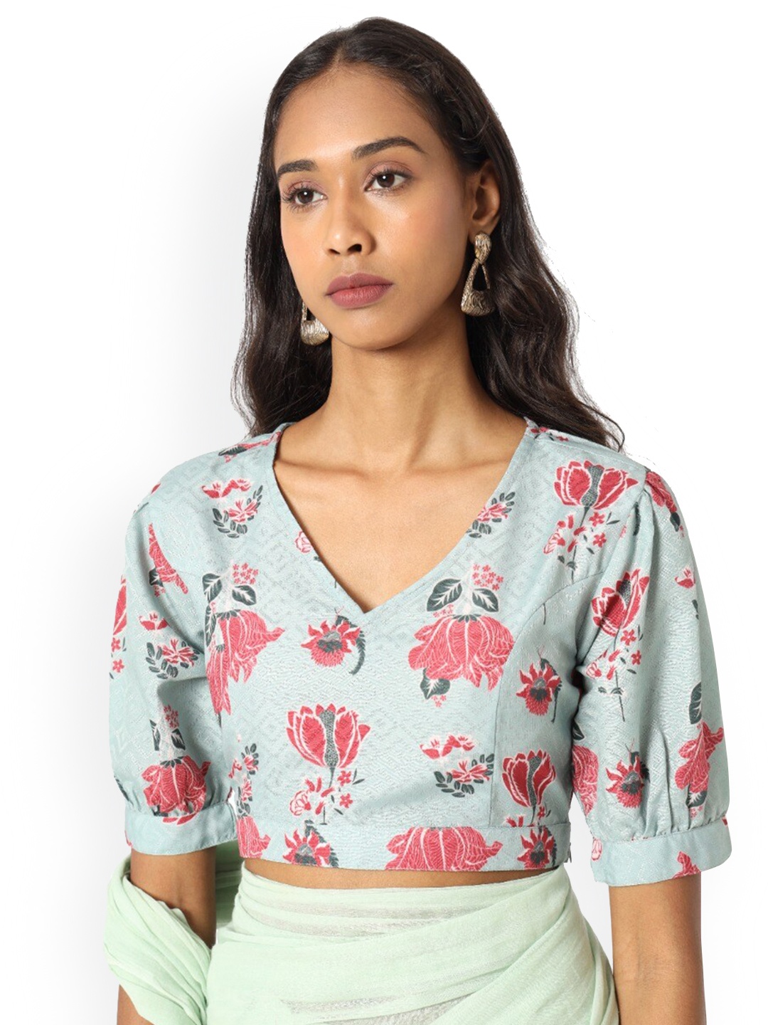 

Saaki Women Sea Green & Pink Printed Saree Blouse