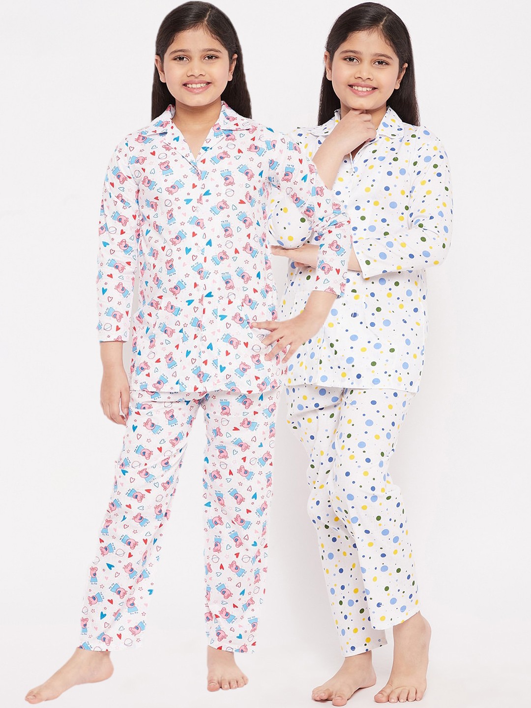 

KYDZI Girls Pack of 2 White Printed Pure Cotton Night Suit
