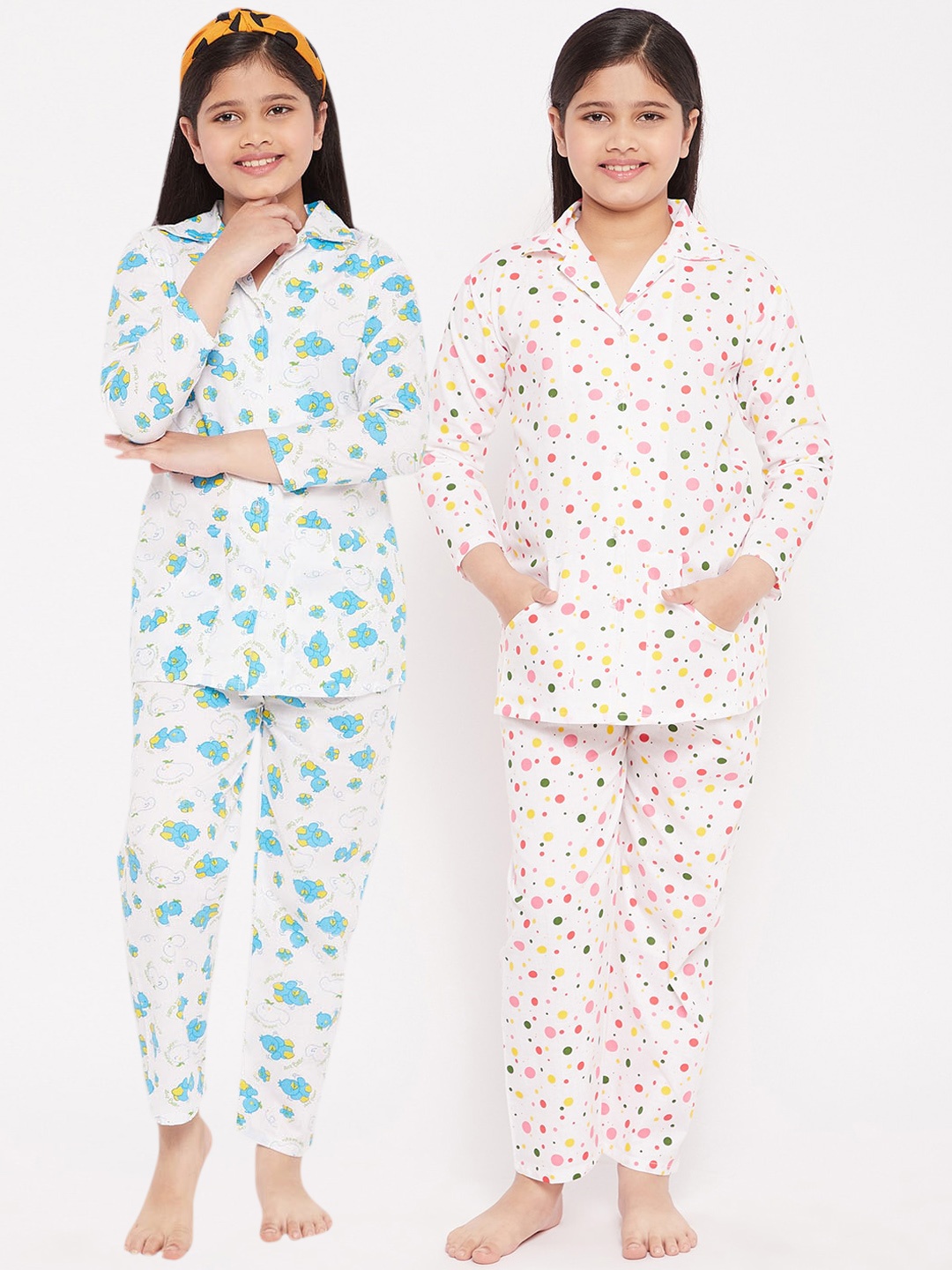 

KYDZI Girls Set Of 2 White & Blue Printed Pure Cotton Night suit