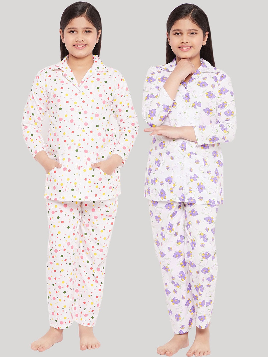 

KYDZI Girls Pack of 2 White & Purple Printed Pure Cotton Night suit