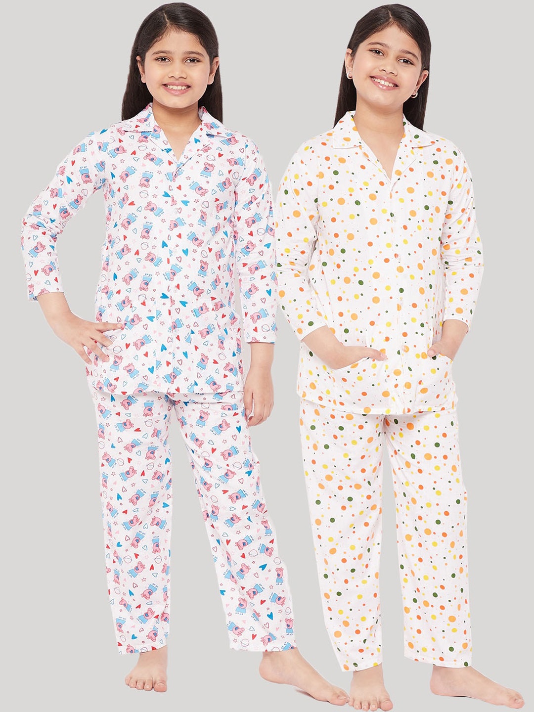 

KYDZI Girls White & Blue Pack of 2 Printed Pure Cotton Night suit