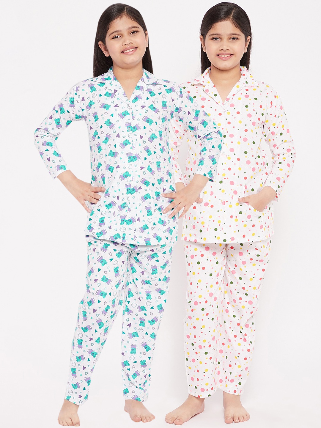 

KYDZI Girls Pack of 2 White & Purple Printed Cotton Night suit