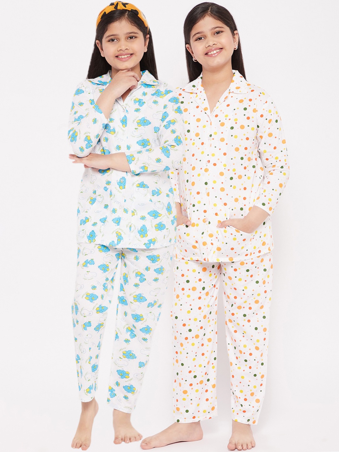 

KYDZI Girls Set Of 2 White & Blue Printed Pure Cotton Night suit