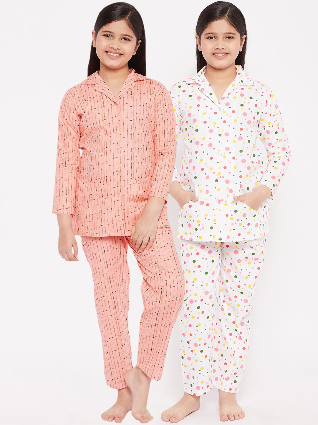 

KYDZI Girls Pack of 2 Peach-Coloured & White Printed Pure Cotton Night suit