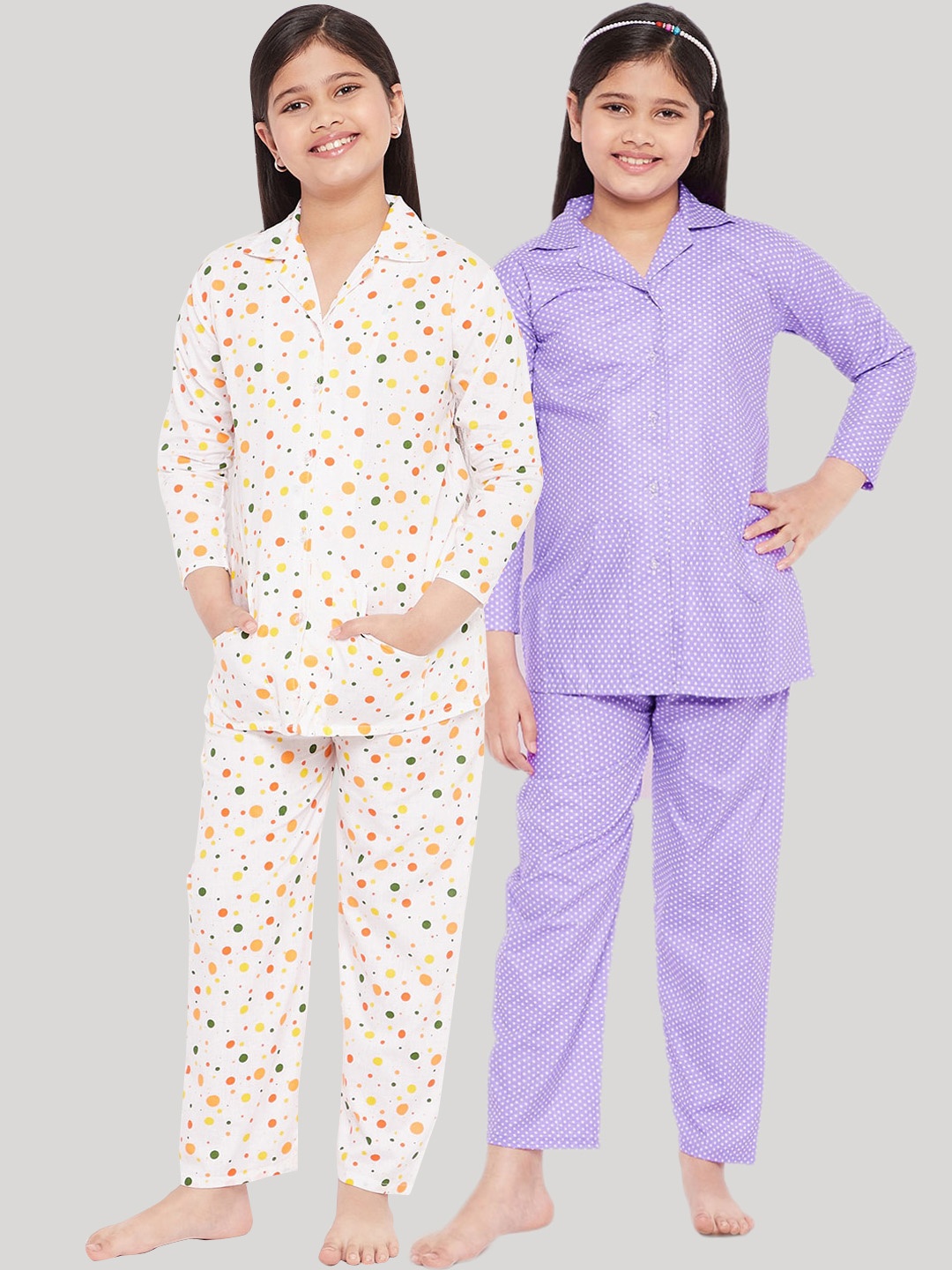 

KYDZI Girls White & Purple Printed Pure Cotton Night suit Pack Of 2