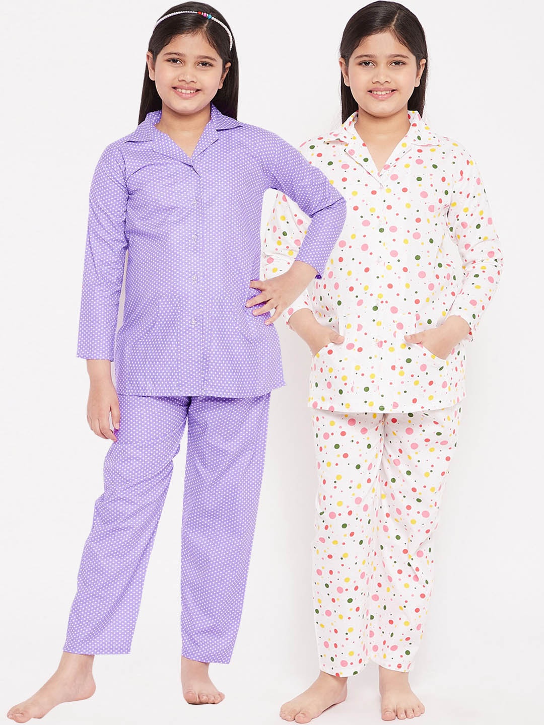 

KYDZI Girls Purple & White Pack of 2 Printed Pure Cotton Night suit