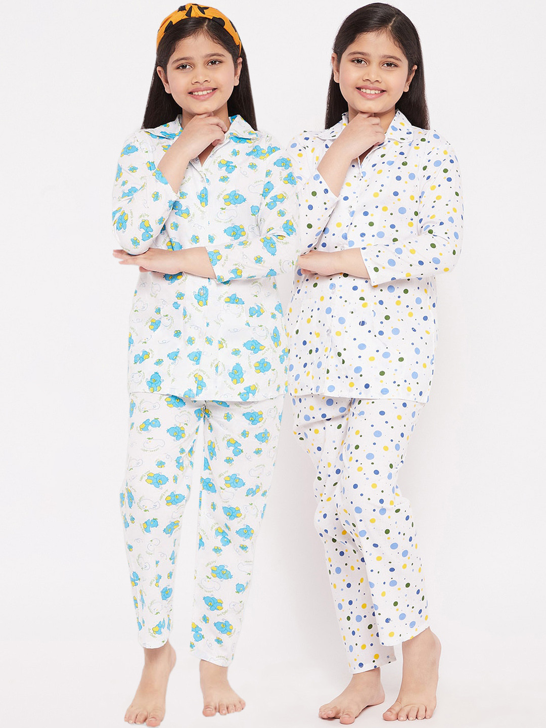 

KYDZI Girls Pack of 2 White & Blue Printed Cotton Night suit