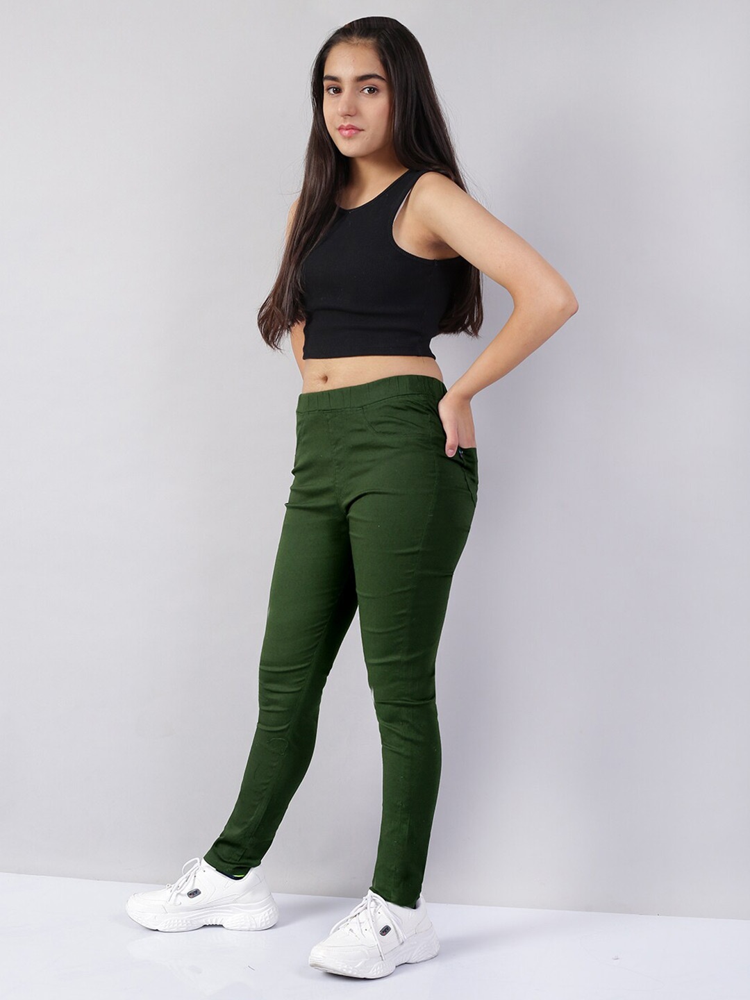 

Naughty Ninos Girls Olive Green Solid Jeggings
