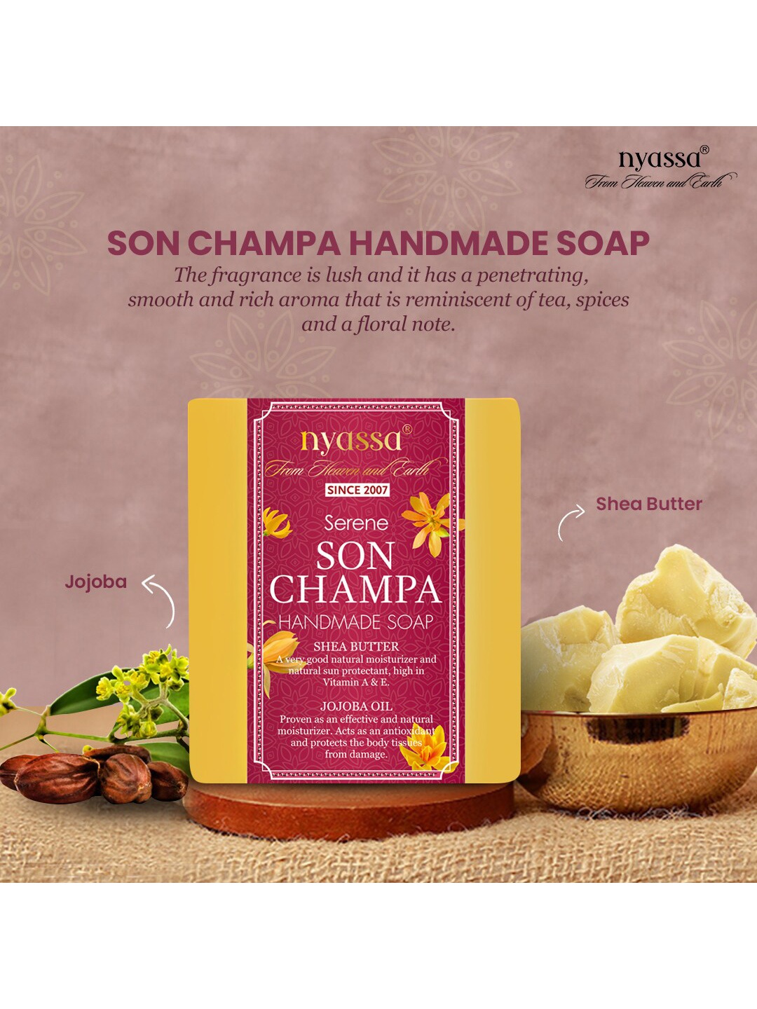 

Nyassa Serene Son Champa Handmade Soap with Shea Butter 75 g, Yellow