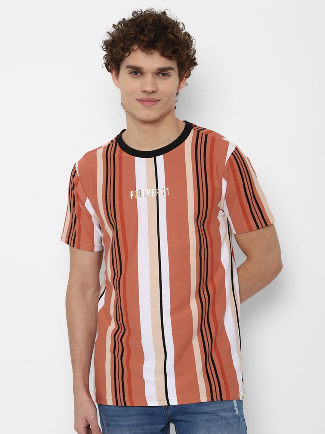 

FOREVER 21 Men Orange Striped Pure Cotton T-shirt