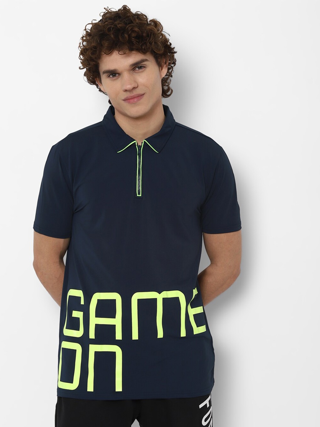 

FOREVER 21 Men Navy Blue Typography Printed Polo Collar T-shirt