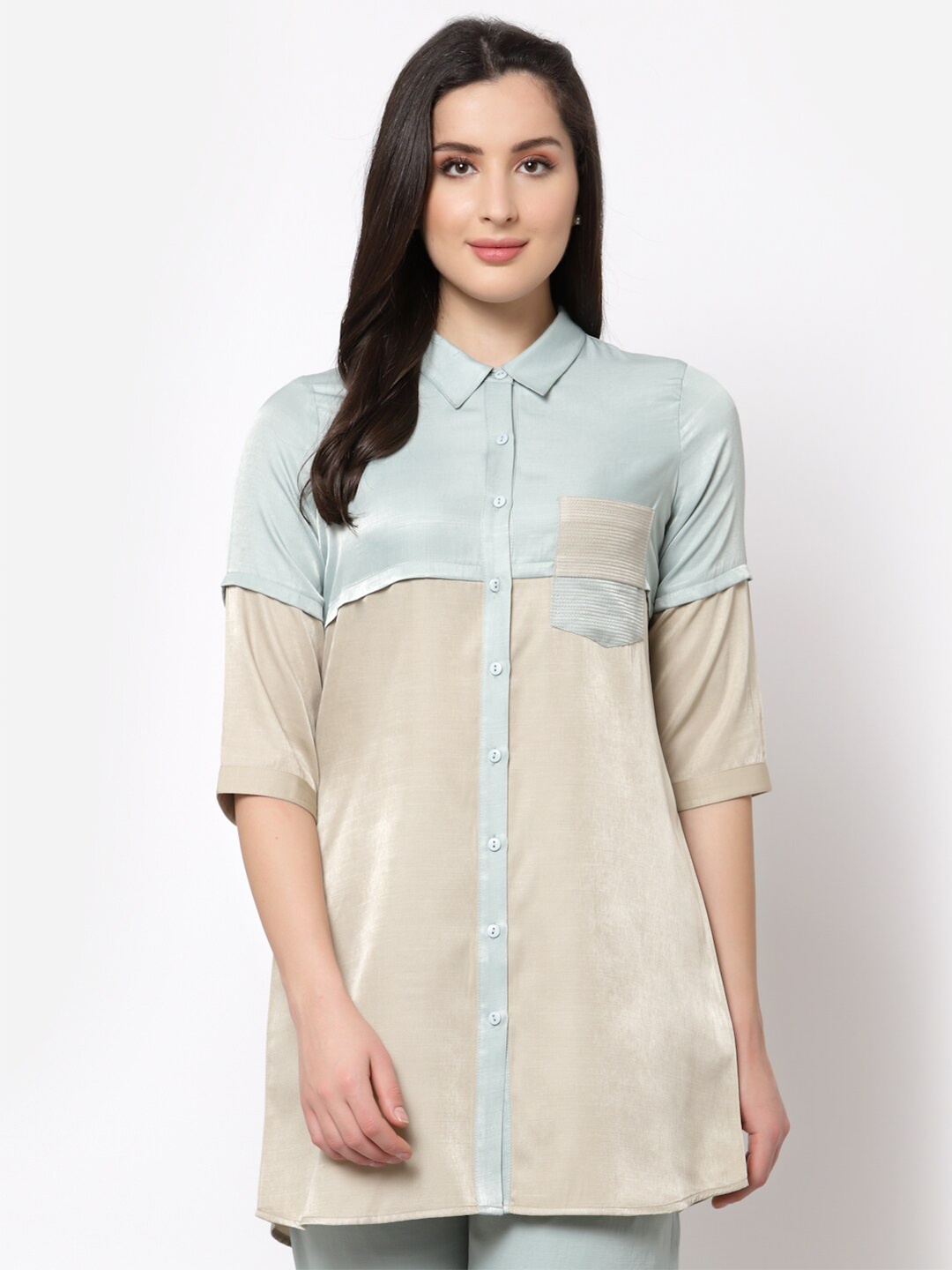 

OFFICE & YOU Beige & Blue Colourblocked Cotton Tunic