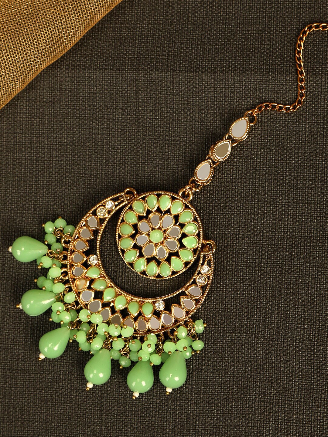

AccessHer Women Gold-Plated Green Beaded Mirror Maang Tikka