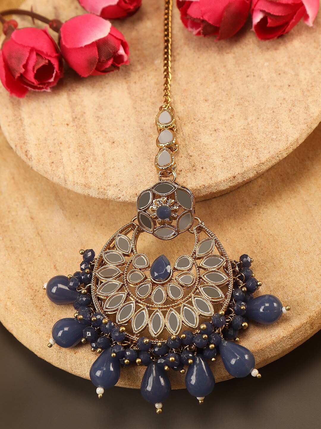 

AccessHer Gold-Plated & Blue Mirror Beaded Maangtikka