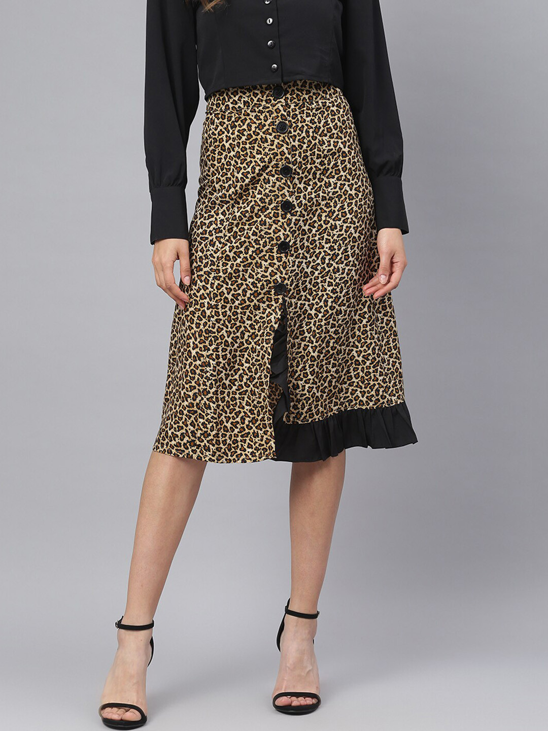 

DEEBACO Women Brown & Black Animal Printed A-Line Midi Skirt