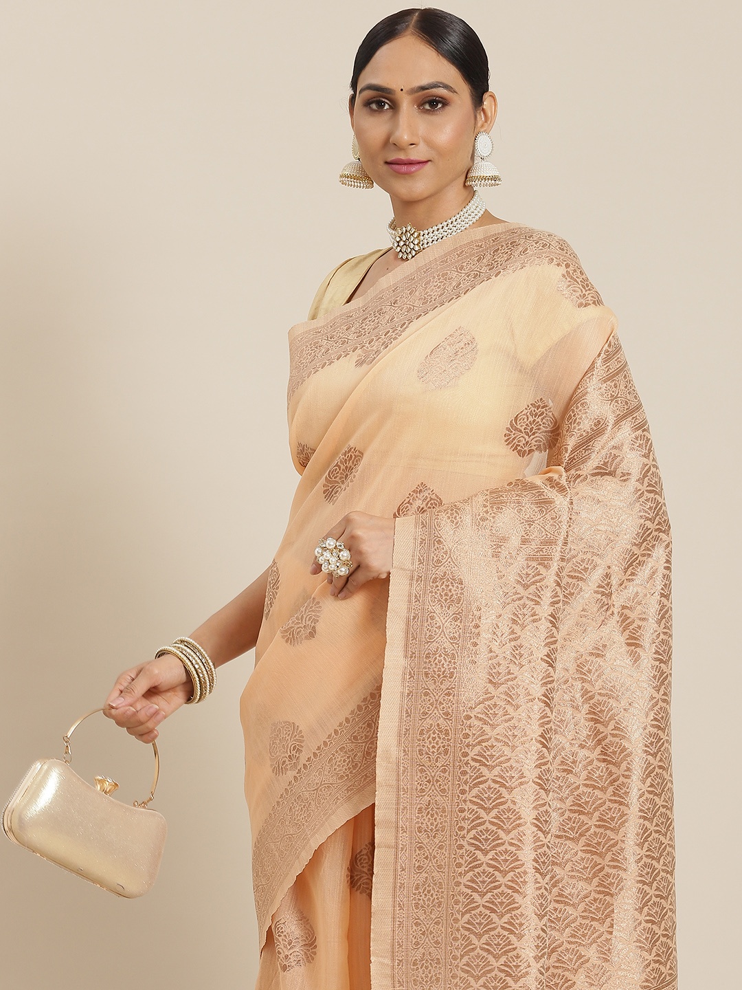 

Mitera Peach-Coloured & Golden Ethnic Motifs Zari Cotton Blend Banarasi Saree