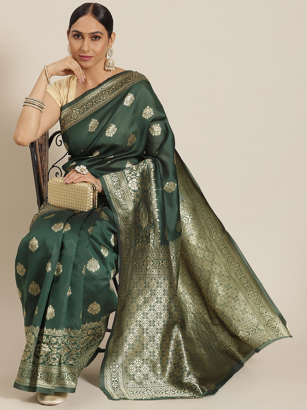 

Mitera Green & Golden Ethnic Motifs Zari Silk Blend Banarasi Saree