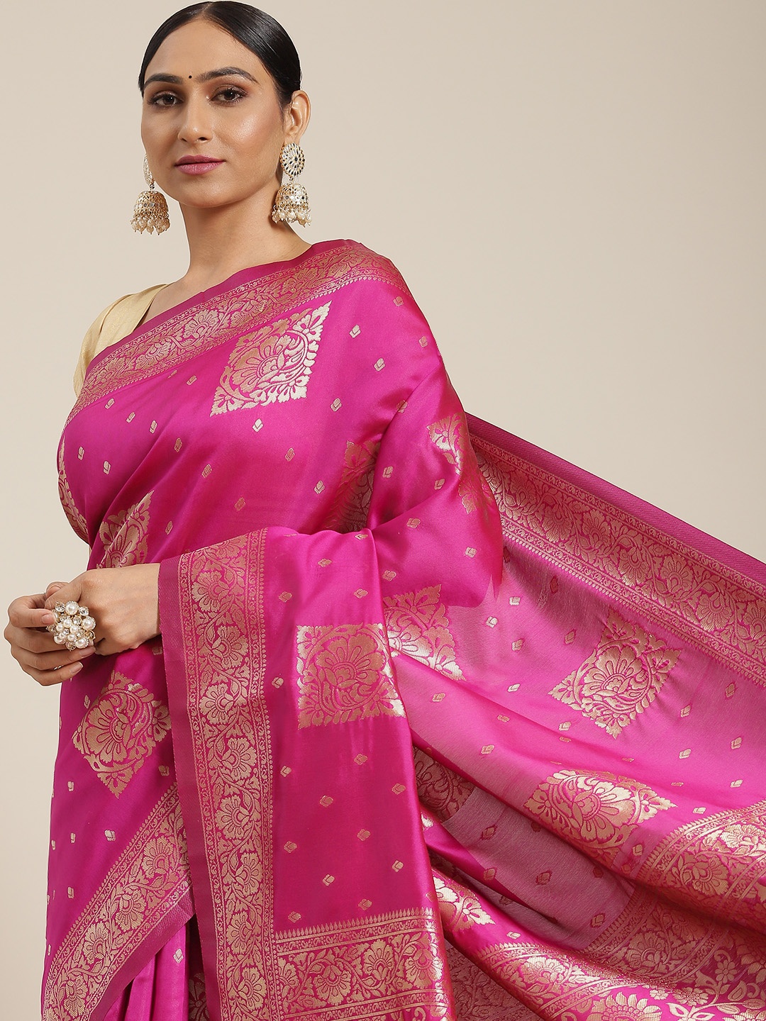 

Mitera Pink & Golden Ethnic Motifs Zari Silk Blend Banarasi Saree